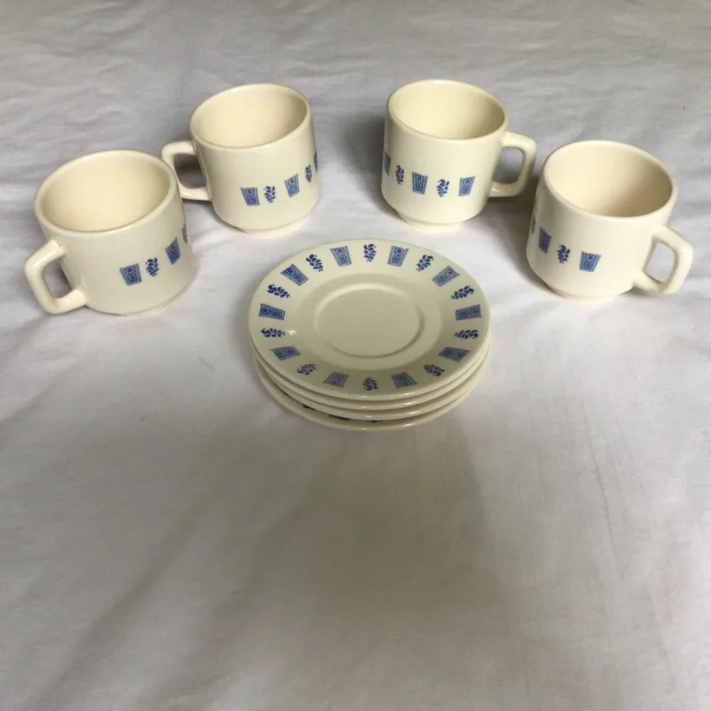 Set of Four Cream colored Mugs and Saucers with blue print design - Picture 2 of 8